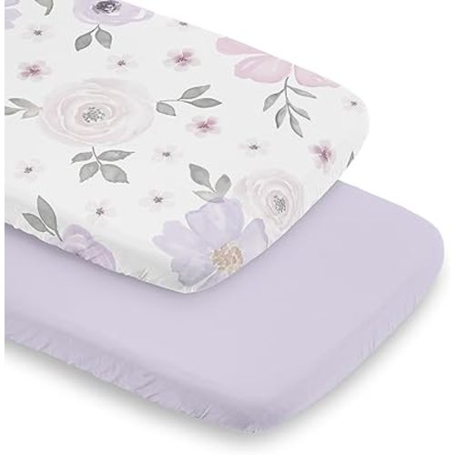 Sweet Jojo Designs Purple Boho Floral Girl Baby Bassinet Sheets Fitted Sheet Set Infant Newborn Nursery Oval Rectangle Hourglass Mattress 2p Lavender Pink White Bohemian Shabby Watercolor Farmhouse