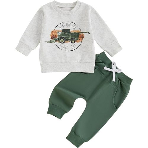 FOCUSNORM Toddler Baby Boy Fall Winter Outfit Excavator Embroidered Long Sleeve Sweatshirt Elastic Jogger Pant 2 Pcs Clothes