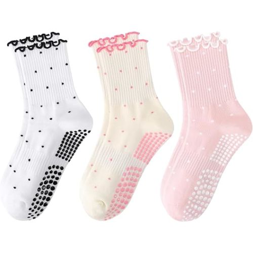 Women's Pilates Grip Socks, Cute Ruffle Non-Slip Polka Dot Yoga Sock