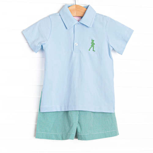 Storybook Flight Embroidered Polo Short Set, Blue – Stitchy Fish