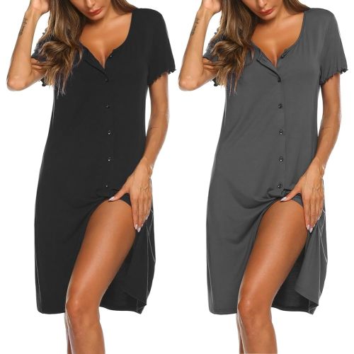 Ekouaer 2 Pack Nightgowns for Women Button Down Night Shirts Short Sleeve Sleep Shirts V Neck Sleepwear Pajama Dress