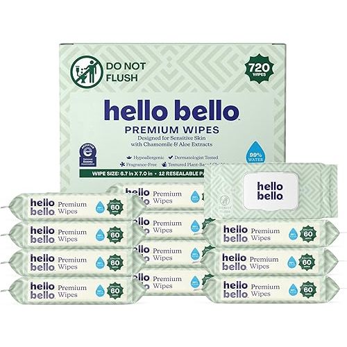 Hello Bello Premium Wipes, Designed for Sensitive Skin with Chamomile & Aloe Extracts, Simply Sage (12 Resealable Packets = 720 Total Wipes)