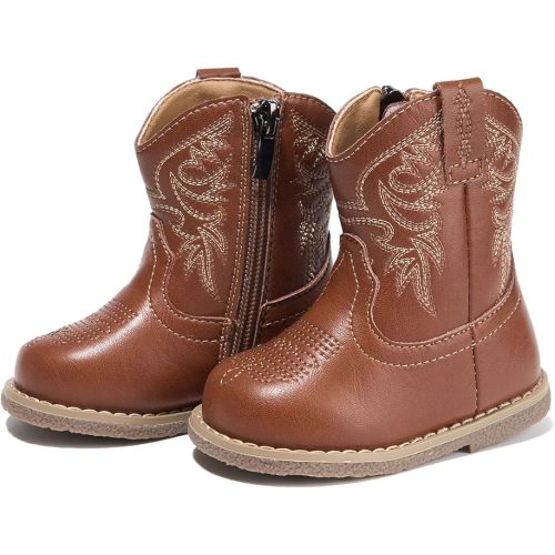 Newsonet Baby Cowboy Cowgirl Boots Western Boys Girls Round Toe Riding Mid Calf for All Seasons 6 9 12 18 24 Months Brown Size 4 Infant