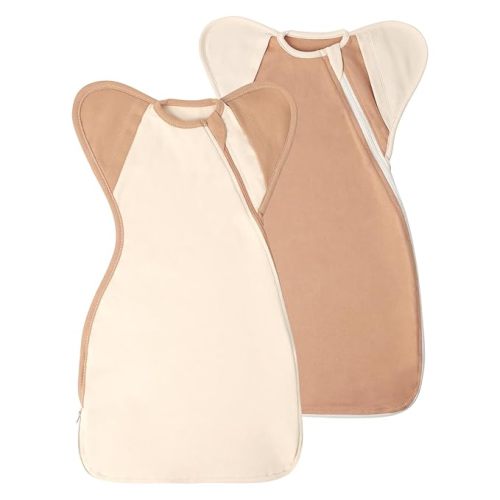 Newborn Baby Swaddle Blanket Sleep Sack 0-3 Months, Arms Up Swaddles 2 Packs Cotton, Hands Up 3-Way Transitions to Arms-Free Wearable Sleeping Sack Bag for Boys Girls Snug Fit Calms Startle Reflex