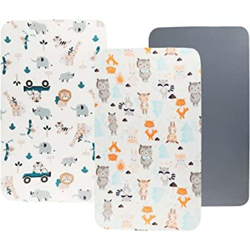 Bassinet Sheet Set 3 Pack (32" x 19") Compatible with Mika Micky, Baby Delight, Dream On Me Bassinet Mattress, Jersey Knit Ultra Soft Flexible for Baby Boys Girls,Elephant Tiger,Fox & Grey