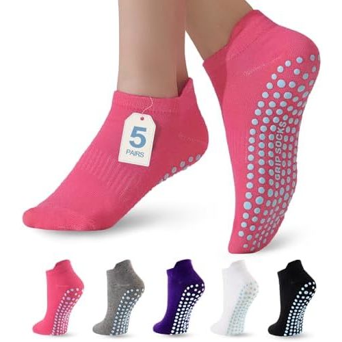 5 Pairs Pilates Socks with Grips for Women Non Slip Grip Yoga Crew Socks for Barre Hospital Barefoot Workout
