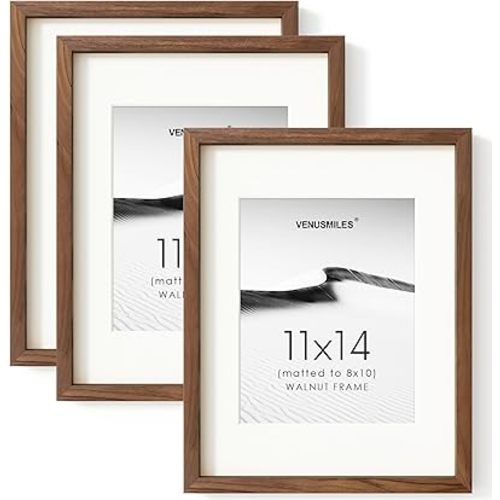 11x14 Picture Frame Set of 3, USA-Sourced Natural Walnut Wood Photo Collage Frame with HD Tempered Glass, Modern Simple 11 x 14 Wooden Frame Matted to 8x10, Vertical & Horizontal Wall Hanging Display