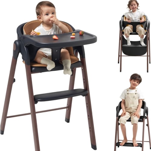 KUB High Chair for Babies and Toddlers Adjustable Foldable Convertible 5 Point Harness Easy Clean Wood-Printed Metal with Removable Tray Baby Highchair for Family (Black&Walnut Wood-Printed Metal)