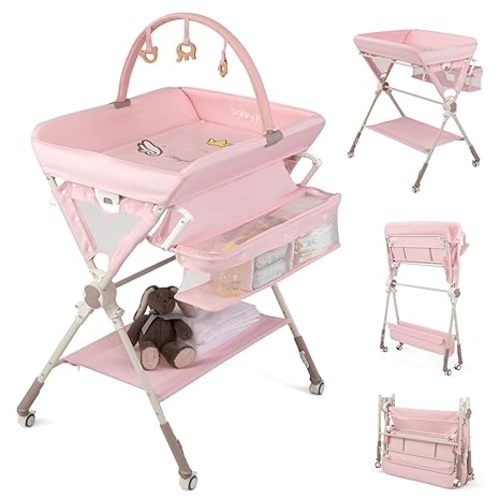 BABY JOY Portable Baby Changing Table, Foldable Diaper Changing Station with Wheels, Adjustable Height, Large Storage Rack, Removable Activity Arch, Mobile Nursery Organizer for Newborn Infant (Pink)
