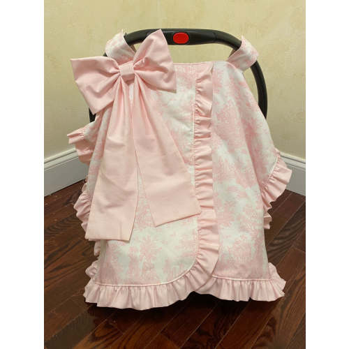 Car Seat Canopy - Pink Toile with Pale Pink Ruffle and Bow - Just Baby Designs