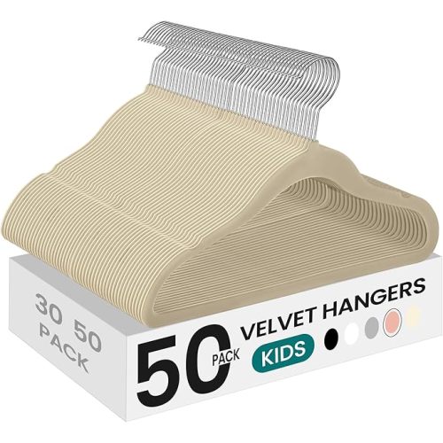 SONGMICS Baby Kids Hangers 50 Pack for Closet, 11.8 x 8.1 Inches, Silver 360° Swivel Hooks, Space-Saving Clothes Velvet Hangers for Nursery, Non-Slip, Summer Sand UCRF027K05