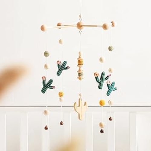Baby Crib Mobile Cactus Nursery Mobiles Handmade Nordic Style Wooden Nursery Decoration Baby Photography Props Newborn Gift(Green Series)