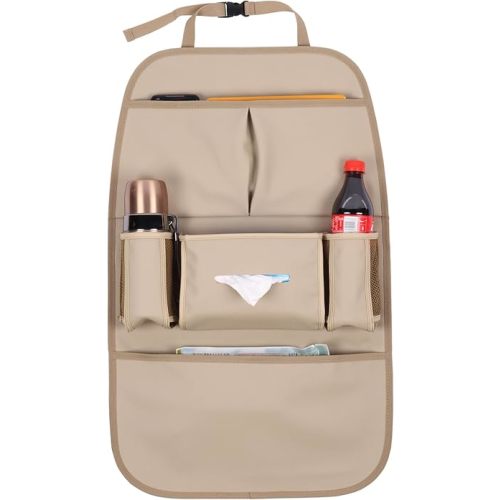 Car Backseat Organizer for Kids, Car Back Seat Storage Bag With 3 Pockets, 2 Drinks Holders, Water Resistant, Kids Toy Storage Kick Mat Back Seat Protector for Toddlers (Beige 1-Pack)