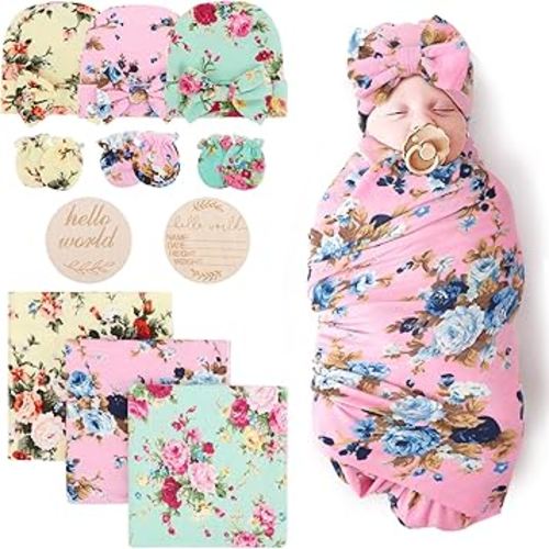 DRESHOW BQUBO Floral Swaddles for Baby Girl Newborn Receiving Blanket with Bow Hat Mittens Wooden Birth Announcement Card Set Baby Floral Print Swaddle Nursery Swaddle Wrap