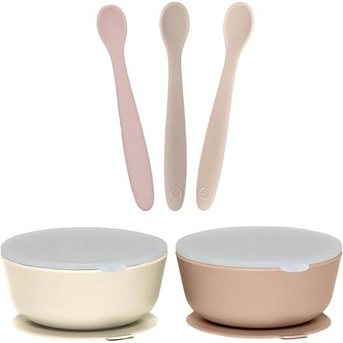 WeeSprout 3 Silicone Baby Spoons & 2 Bowls with Lids Bundle - Soft-Tip, Bendable Feeding Utensils - Durable, Travel-Friendly, Dishwasher Safe - Beige & Brown
