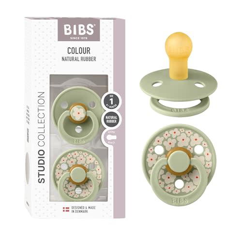 BIBS Colour Pacifier, 0-6 Months, 2-Pack, Round Nipple, Jasmine Sage | Natural Rubber Latex | Size 1 | BPA-Free | Made in Denmark | High Nipple Acceptance | Airflow Holes | Comfort Shield