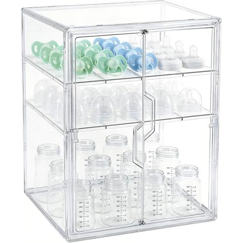 ERTIUANIO Baby Bottle Organizer – 3 Tier Acrylic Bottle Storage Organizer Container, Clear Plastic Bottle Station Organizers Drawers with Double Magnetic Doors for Countertop Kitchen Vanity, Bathroom