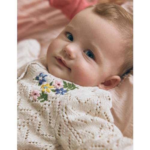 Embroidered Cotton Cardigan-Ecru Marl Mini Embroidered