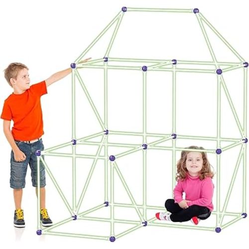 PicassoTiles Kids Fort Building Kit Glow In The Dark Playset 125 Piece Indoor Outdoor Toy Set Fort Construction Builders Toys for Boys Girls STEM Learning Castle System Tunnel Tent Rocket Pretend Play