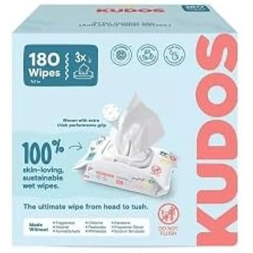 Kudos Skin-Loving Baby Wipes, Plastic-Free & Unscented - 180ct (3 pack of 60)