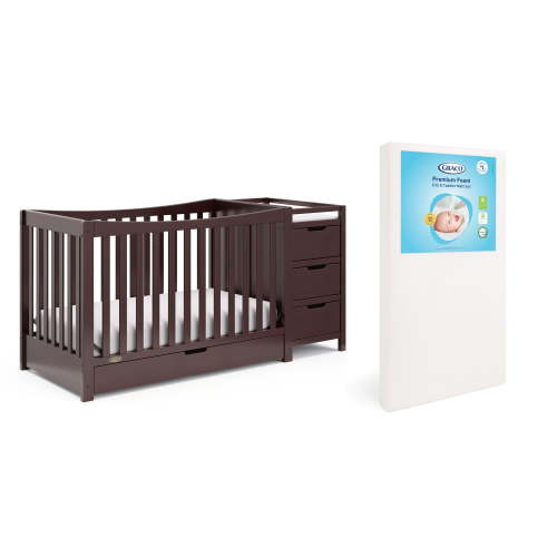 Graco Remi 4-in-1 Convertible Crib and Changer and Premium Crib & Toddler Mattress Bundle, Espresso