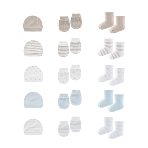 BABYSOLIS 15 Pack Infant Hats Gloves Socks Unisex Baby Boy Girl Accessories Set Cotton New Born Caps Mittens