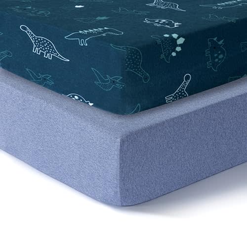 Dreamology Cotton Crib Sheets,2-Pack,Standard Crib Sheets Boys,Girls,100% Cotton Crib sheets,Baby Crib sheet,Cotton Crib Sheet Fitted and Toddler Bed Sheets,52x28 Crib Mattress Sheet | Dino,Denim Blue