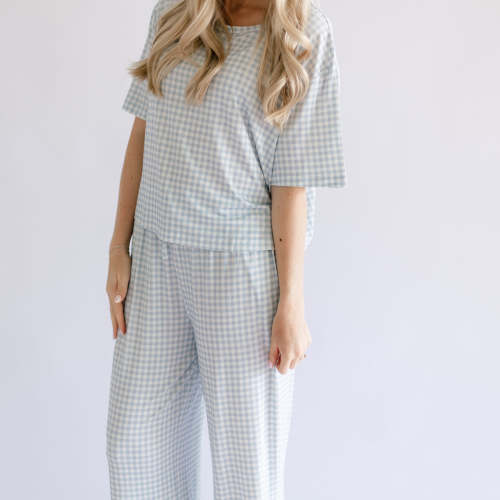 Women's T-Shirt and Pants Set in Blue Gingham