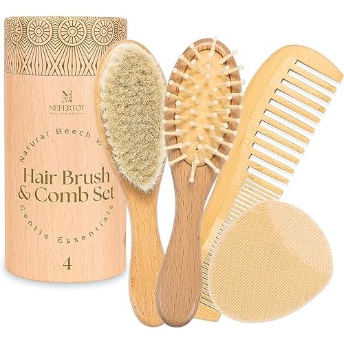 Wooden Baby Hair Brush Grooming Kit with Beech Wood Goat Hair Brush, Cradle Cap Brush, Silicone Scalp Massager, Ultra Soft Bristle Brush | Gender Neutral Newborn Hairbrush Set for Boy or Girl