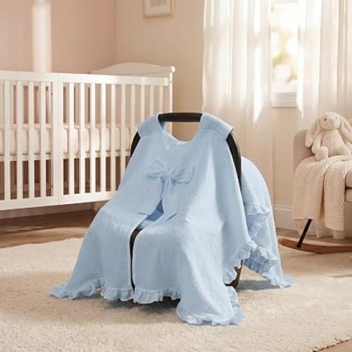 Tegeme Blue Baby Carseat Cover with Bow 100% Cotton Car Seat Canopy Cover 32 x 44 Inches Soft Breathable Canopy for Girls Boys Stroller and Cart Carseat Nursing Covers for Newborn