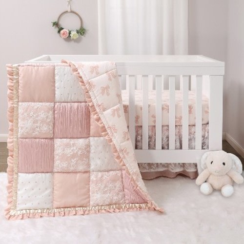 The Peanutshell 3 Piece Baby Crib Bedding Set for Girls - Cotton Fitted Crib Sheet, Layered Dust Ruffle, Comforter, Pink, Gold, Floral - Grace
