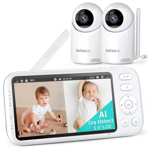 Jartoo Best Baby Monitor No WiFi Video with 2 Camera 2K Screen Audio AI Cry Detect