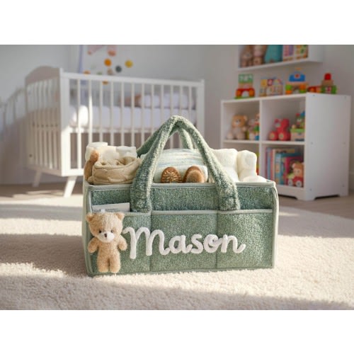 Custom Name Basket & Bear: Personalized Baby Boy Gift, Soft Storage Bin with Side Pockets