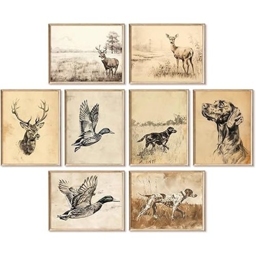 Vintage Nursery Wall Art Decor Baby Boy Room Prints Hunting Animal Canvas Wall Decor Woodland Nursery Pictures Rustic Animal Sketch Poster Vintage Cabin Artwork for Kids Bedroom 8x10x8 Inch Unframed