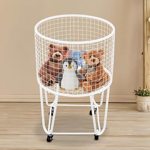 Rolling Laundry Basket Cart, Metal Laundry Hamper with Wheels, Laundry Organizer Basket Cart, Clothes Storage Organizer Hamper for Living Room,Bathroom,Closet (White, Round)