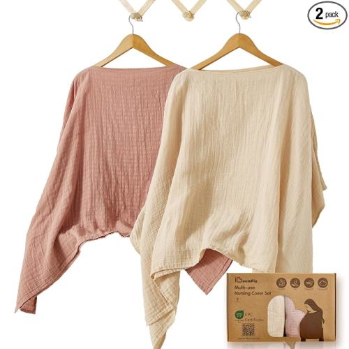 Nursing Cover for Breastfeeding, 2 Pack, 100% Cotton Muslin, 360° Privacy, Lightweight & Breathable, Multi-Use Baby Car Seat & Stroller Cover, Linen & Dusty Pink