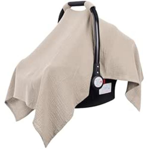 Metplus Muslin Car Seat Cover for Babies, 100% Cotton Breathable Infant Carseat Canopy for Summer, Lightweight Stroller Sunshade Covers for Newborns (Cereal)