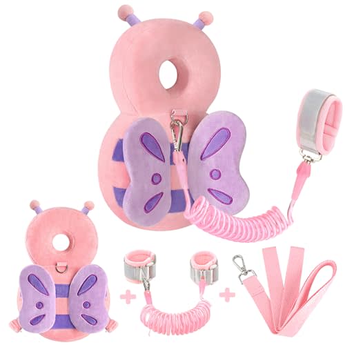 Baby Head Protection Backpack with Leash, Cute Toddler Protector Padded Pillow Carrier with Anti Lost Wrist Link for Crawling Walking, Butterfly Kid Harness Infant Cushion Pad for 6-18 Months Girls