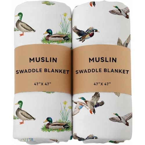 2 Pack Mallard Duck Muslin Swaddle Blankets 70% Bamboo 30% Cotton Breathable Receiving Blankets Gender Neutral Newborn Essentials for Baby Boy or Girl Soft and Large 47 x 47 Inches (Mallard Duck)