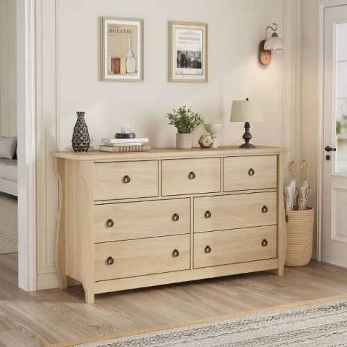 Natural Wood 7-Drawer Dresser - Tall Boho Dresser with Curved Legs, Rattan Accents, and Freestanding Storage for Living Room, Bedroom, Entryway