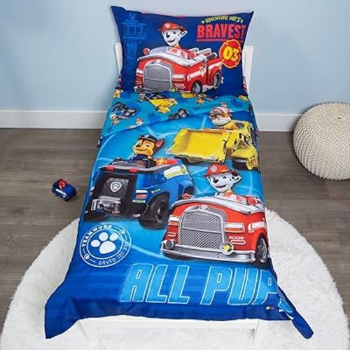 Paw Patrol Calling All Pups 4 Piece Toddler Bedding Set – Includes Comforter, Sheet Set – Fitted + Top Sheet + Reversible Pillowcase for Boys Bed, Blue