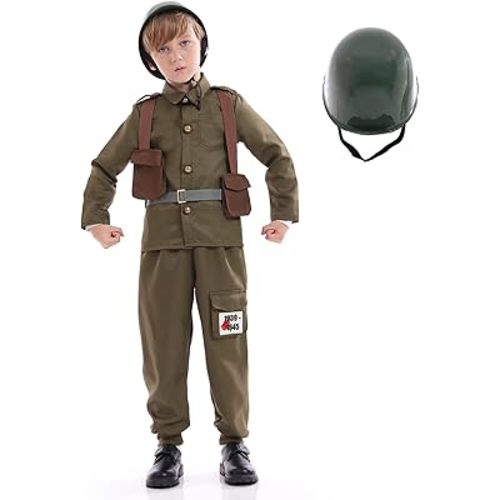 Army Soldier Costume Kids，Unisex WWII Soldier Dress Up with Helmet，Halloween Cosplay Outfit Boys，Khaki