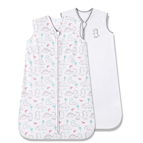 TILLYOU 2 Pack Infant Sleep Sack 0-6 Months 100% Cotton Wearable Blanket 0.5 TOG Sleeveless Summer Sleep Sacks with 2-Way Zipper, Woodland Dinosaurs