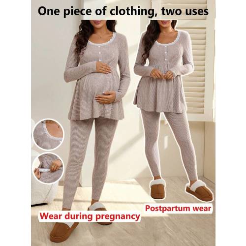 SHEIN Maternity Comfortable Long Sleeve T-Shirt And Adjustable Waist Skinny Pants Set | SHEIN USA