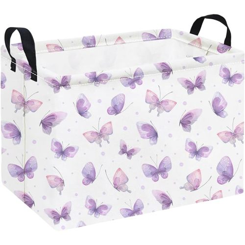 Rectangular Storage Basket Waterproof Storage Bin for Bedroom Collapsible Bin Books Box Basket Room Decor(Purple Butterfly)