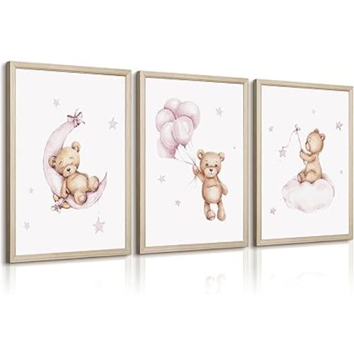 Bear Nursery Wall Art Decor Teddy Bear Wall Art Baby Girl Canvas Wall Decor Pink Pictures Balloon Nursery Children Prints Artwork Moon Star Cloud Art for Boys Room Bedroom 12x16x3 Inch Wood Framed