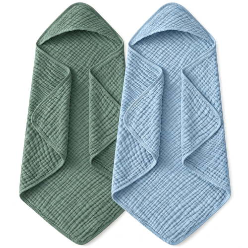 Loguug Muslin Cotton Hooded Baby Towels, 6-Layer Absorbent, Breathable, 32x32 Inch, Set of 2