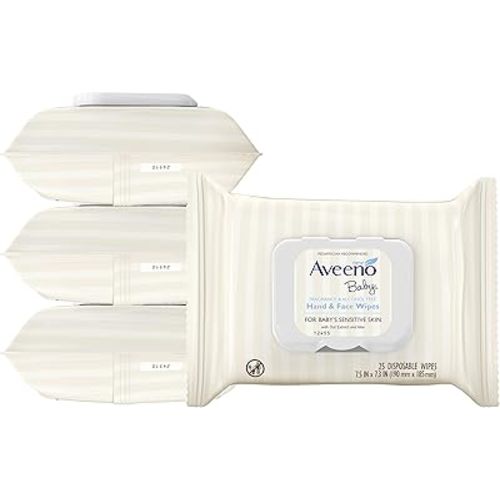 Aveeno Baby Hand & Face Cleansing & Moisturizing Wipes with Oat Extract and Aloe, Fragrance-Free Wipes for Sensitive Skin, Free of Sulfates, Alcohol, Parabens, and Dyes, 25 ct (Pack of 4)