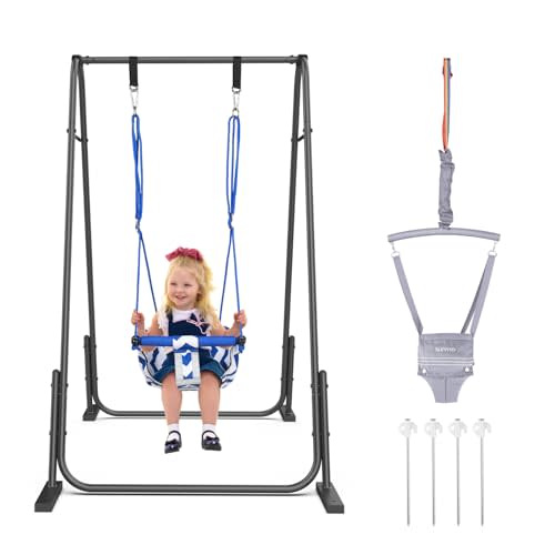Slevoo 2 in 1 Baby Jumper and Swing, Toddler Swing Set with Foldable Stand, Ages 6 Months to 6 Years, for Indoor and Outdoor Fun, Grey