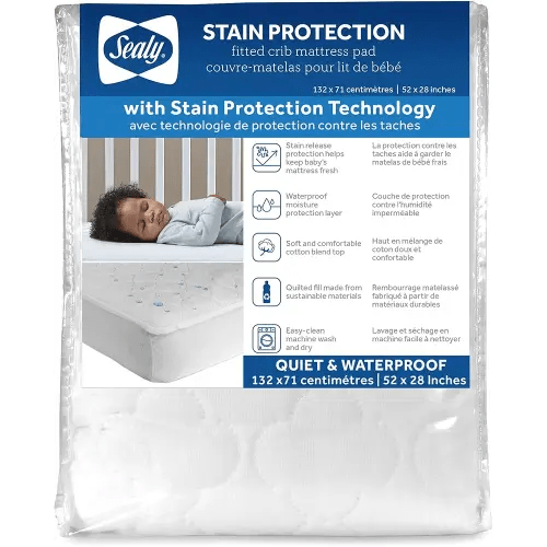 Sealy Baby Stain Protection Waterproof Crib Mattress Protector – Noiseless Fitted Sheet Cover with Quilted Cotton-Blend Top for Comfort – Machine Washable and Easy-to-Clean Toddler Pad, 52 x 28, White